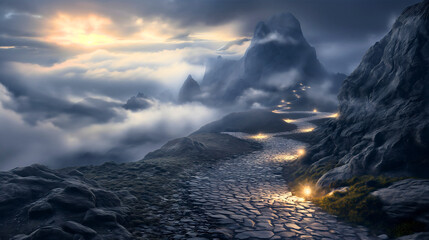 Mountain stone road surrounded by foggy misty valleys, creating a path, leading to far mountain top or peak, glowing lamps all along the path, path to success concept, career pathway milestone
