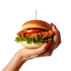 Fried chicken burger in a woman’s hand: A close up photo of delicious fast food, Isolated on Transparent Background, PNG - obrazy, fototapety, plakaty