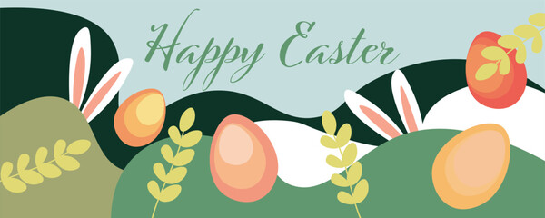 Drawn Easter banner with dyed eggs and bunny ears