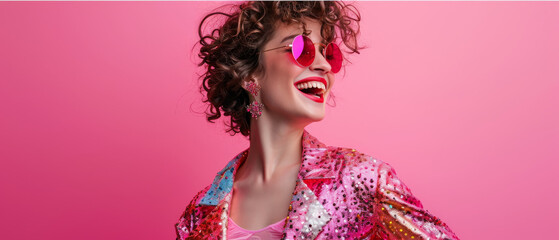 A woman wearing pink sunglasses and smiling with a vibrant pink hairpiece and bold lipstick strikes a pose in her statement sunglasses, exuding confidence and embracing her unique sense of style