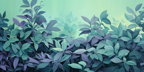 Green leaves and stems on a Lilac background - obrazy, fototapety, plakaty