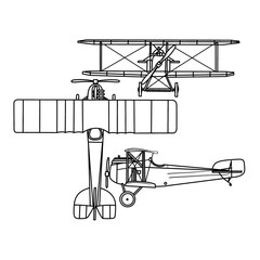 Technical sketch drawing Illustration of 1900's Royal Air Force plane line art, suitable for your custom WW1 airplane, outline vector doodle illustration, side, top and front view isolated on white © didiwidjanarko