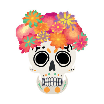 Painted human skull with flowers on white background. Mexico's Day of the Dead (El Dia de Muertos)