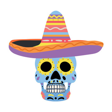 Painted human skull in sombrero on white background. Mexico's Day of the Dead (El Dia de Muertos)