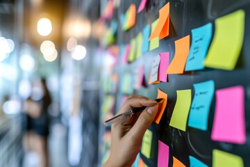 A person's artistic expression comes to life on a blackboard, adorned with colorful post-it notes, creating a vibrant and captivating street scene indoors