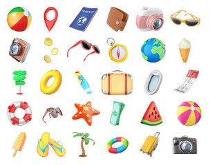 A set of various summer items for rest and travel. Vector illustration