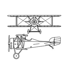 Technical sketch drawing Illustration of 1900's Air Force plane line art, suitable for your custom biplane airplane, outline vector doodle illustration, side and front view isolated on white © didiwidjanarko