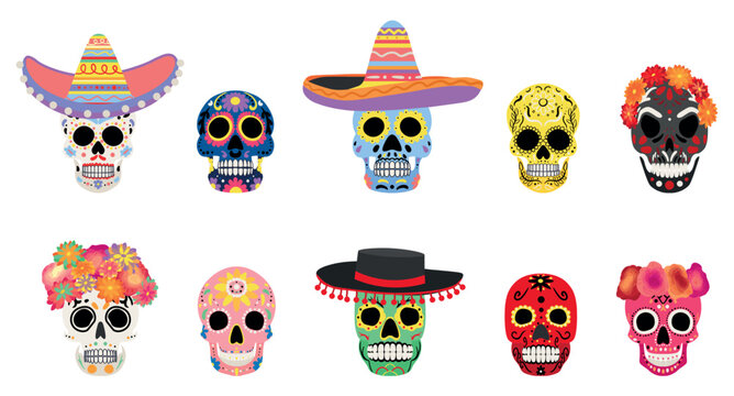 Set of painted human skulls on white background. Mexico's Day of the Dead (El Dia de Muertos)