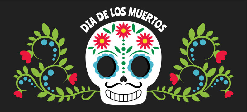 Greeting banner for Mexico's Day of the Dead (El Dia de Muertos) with painted skull and flowers