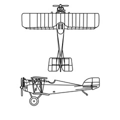 Template vector drawing of 1900's Air Force plane line art, Biplane monochrome silhouette with white detail lines, outline vector doodle illustration, side and top view isolated on white background © didiwidjanarko