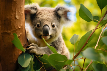 Fototapeta premium Cute and lazy gray Australian koala bear lying on the eucalyptus tree branch, wildlife photography, exotic animal looking at the camera, sunny day