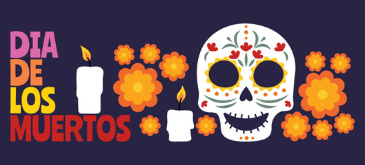 Greeting banner for Mexico's Day of the Dead (El Dia de Muertos) with painted skull, candles and flowers