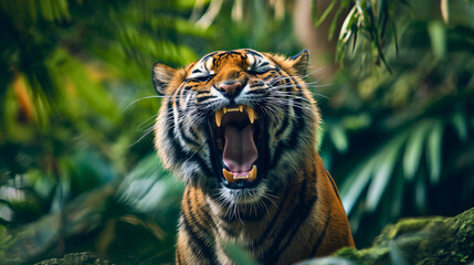 Wild Bengal tiger roaring in the jungle wilderness, big and aggressive wild cat beast power - obrazy, fototapety, plakaty
