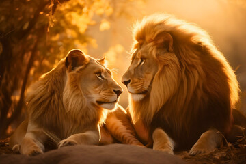 Portrait photography of a lion and lioness wild cat animals in love, resting and lying in the wilderness