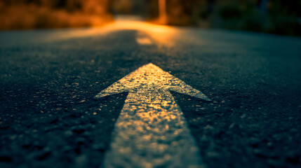 Low angle photography of a white arrow on the asphalt road during the sunset. Straight ahead way concept, path to success direction, business career future guidance, journey to the destination - obrazy, fototapety, plakaty