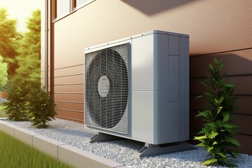 Closeup photo of an Air heat pump near a modern house