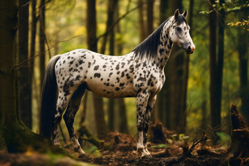 Domestic appaloosa horse breed animal standing in sunny forest nature, side view photography, spotted animal