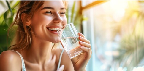 A contented lady savors the refreshing taste of water on a sunny day, her radiant smile reflecting the pure joy of simple pleasures - obrazy, fototapety, plakaty