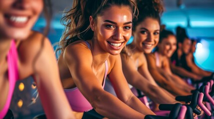 A vibrant group of women donning athletic attire and radiant smiles, pedaling in unison on exercise bikes as they dance their way towards fitness - obrazy, fototapety, plakaty