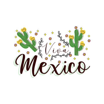 Text VIVA MEXICO with cacti on white background