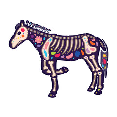 Creepy horse with drawn skeleton on white background. Mexico's Day of the Dead (El Dia de Muertos)