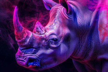 In a mystical forest, a rare purple rhinoceros exhales vibrant pink smoke as it roams with majestic grace among the other wild mammals - obrazy, fototapety, plakaty
