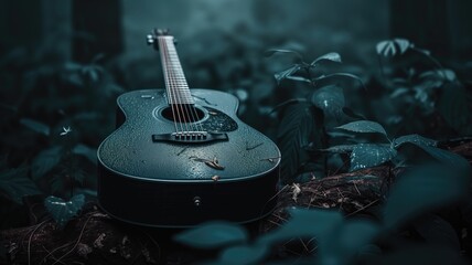 Guitar resting in a mystical, blue-tinted forest