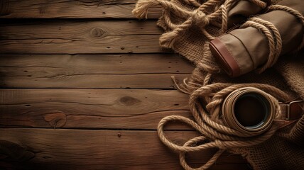Rustic exploration gear setup with rope on an aged wood surface - obrazy, fototapety, plakaty