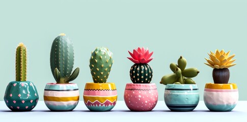 A vibrant collection of potted cacti bring life and color to a cozy indoor space with their intricate earthenware vases and delicate blooms