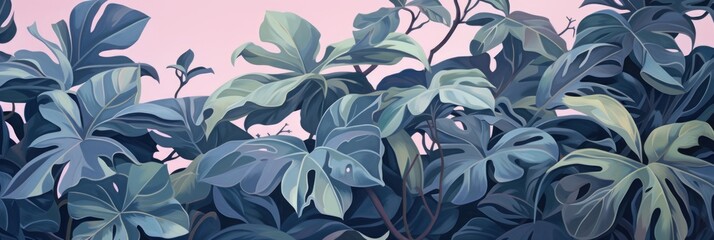 Green leaves and stems on a Mauve background