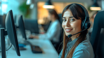 Woman Wearing Headset Working at Computer. Callcenter , businesswoman