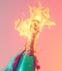 A celebratory moment captured in art, as a hand holds a bottle of champagne, the soft drink splashing with fiery intensity, igniting feelings of joy and excitement