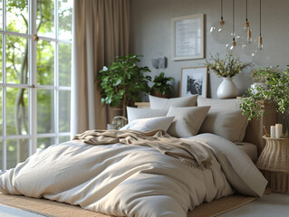pastel beige and grey bedding on bed minimalist bedroom interior design