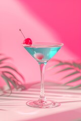 A sparkling red rose floats in a sea of vibrant blue, atop a classic cocktail in a sleek martini glass, embodying the elegance and indulgence of a luxurious evening