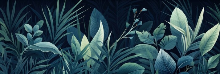 Green leaves and stems on a Navy Blue background