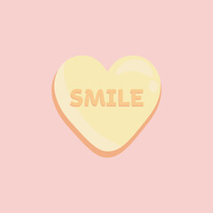 Heart-shaped candy with text SMILE on pink background. Valentine's Day celebration