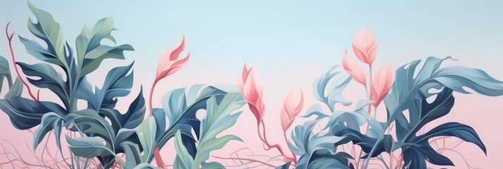 Green leaves and stems on a Pink background - obrazy, fototapety, plakaty
