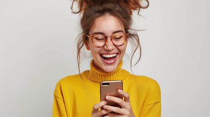 Smiling Woman in Yellow Sweater Looking at Cell Phone