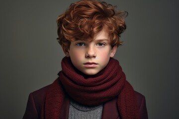 Portrait of a red-haired boy in a red knitted scarf.