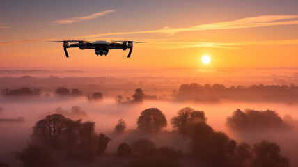 Fototapeta na wymiar Aerial drone flying in a beautiful sunrise over fog-covered countryside