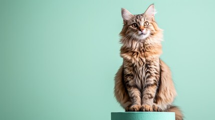 A regal malayan cat with striking tabby markings sits contently on a vibrant green wall, its whiskers twitching in curiosity - obrazy, fototapety, plakaty