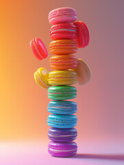 Colorful macaron cakes. Small French cakes. Sweet and colorful French macarons fall or fly in motion.