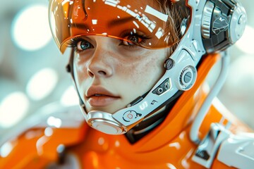 A fierce female athlete confidently dons her orange helmet, ready to take on the ice in her hockey jersey and sports gear, determined to dominate in the rink - obrazy, fototapety, plakaty