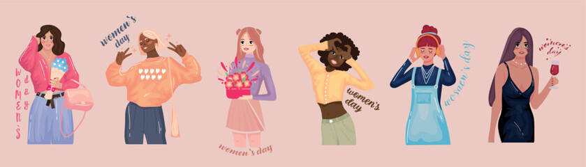Set of beautiful drawn ladies on pink background. International Women's Day celebration