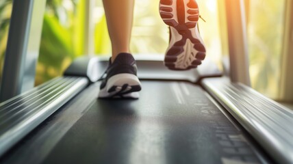 Close-up of feet running on a treadmill in morning light