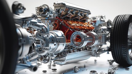 Fototapeta premium Fantasy Meticulous auto engine disassembly: a comprehensive visual journey, intricate components, gears, pistons, technology involved in disassembly of automotive engine meticulous inspection repair.