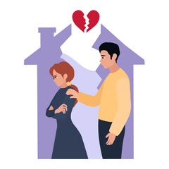 Quarreled couple  and broken heart on white background. Concept of divorce