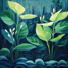 Green leaves and stems on a Sapphire background