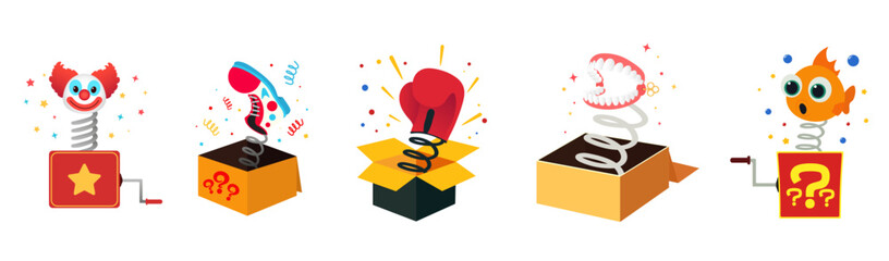 Set of punch boxes on white background. April Fools' Day prank