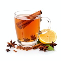 a Hot mulled apple cider with with cinnamon sticks cloves and anise, studio light , isolated on white background